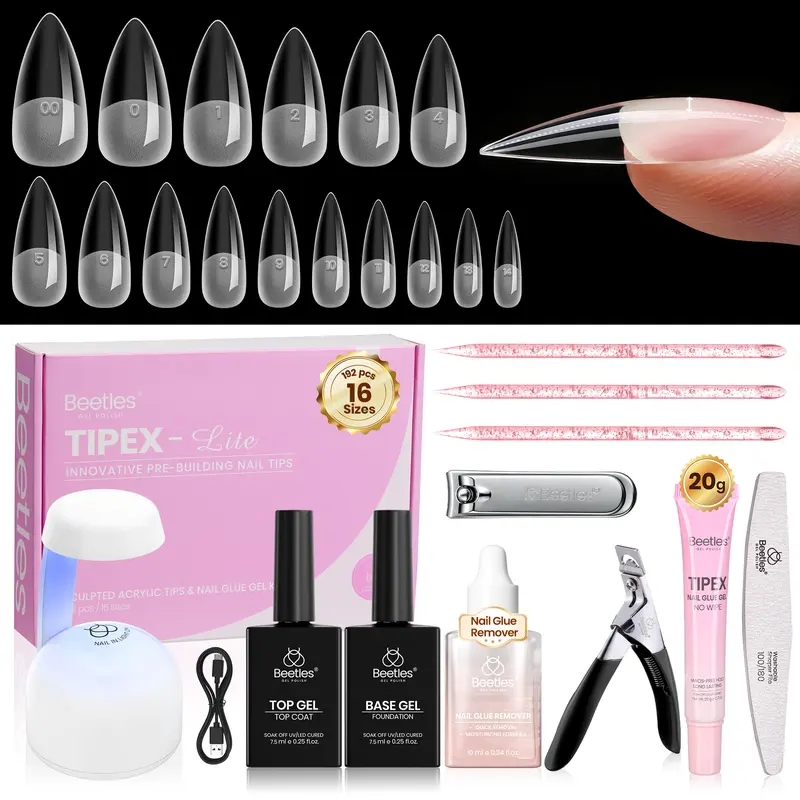 Beetles Tipex Lite Instant Built-In Apex Press On Nail Set - 192-Piece 16-Size Full Cover Acrylic Kit for Nail Care, W/20g Solid Glue, Glue Remover, Base & Top Coat, Mini UV Lamp (All-In-One Apply & Cure Ready), Press On Nail Sets