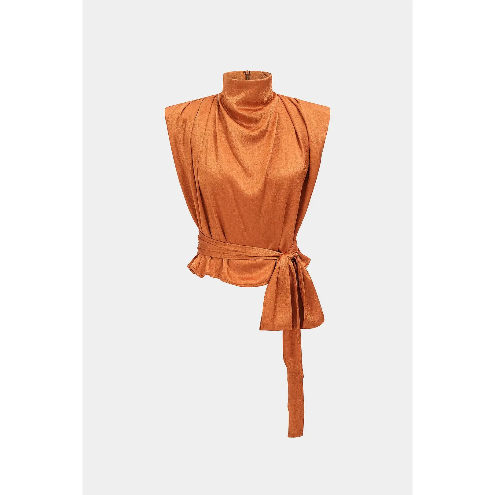 Satin Mock Neck Tie-Up Zipper Tank Top