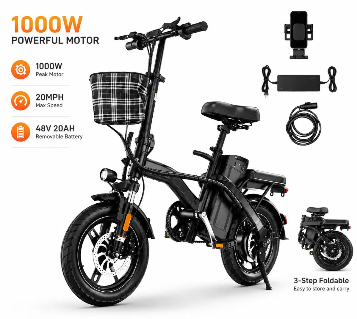 Foldable Electric Bicycle for Adults, 14" Mini Folding E-Bike with 48V 10AH/20AH Removable Battery, 1000W Peak Motor, 14-Level Shock Absorption, Dual Seat, Long-Range for Daily Commuting, City Riding, Women's Cycling bicicleta electrica ebike accessories