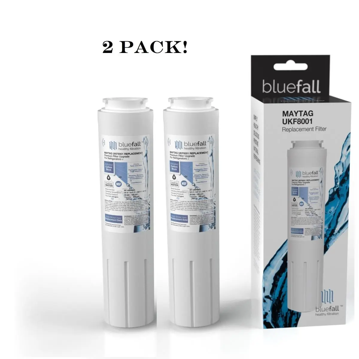 Maytag UKF8001 Refrigerator Water Filter Cartridge, BlueFall Compatible, 10in Height, Water Purification Solution, 2-Pack, Filter Water Filters