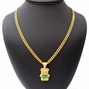 14k Gold Chai Necklace with Bear Charm Green Accents & Cubic Zirconia Stones for Stylish Outfits Elegant & Versatile Design