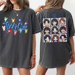 K-Pop Inspired Cute Tee – Chibi Members Collage Back, Front Logo Print, Oversized Sand T-Shirt