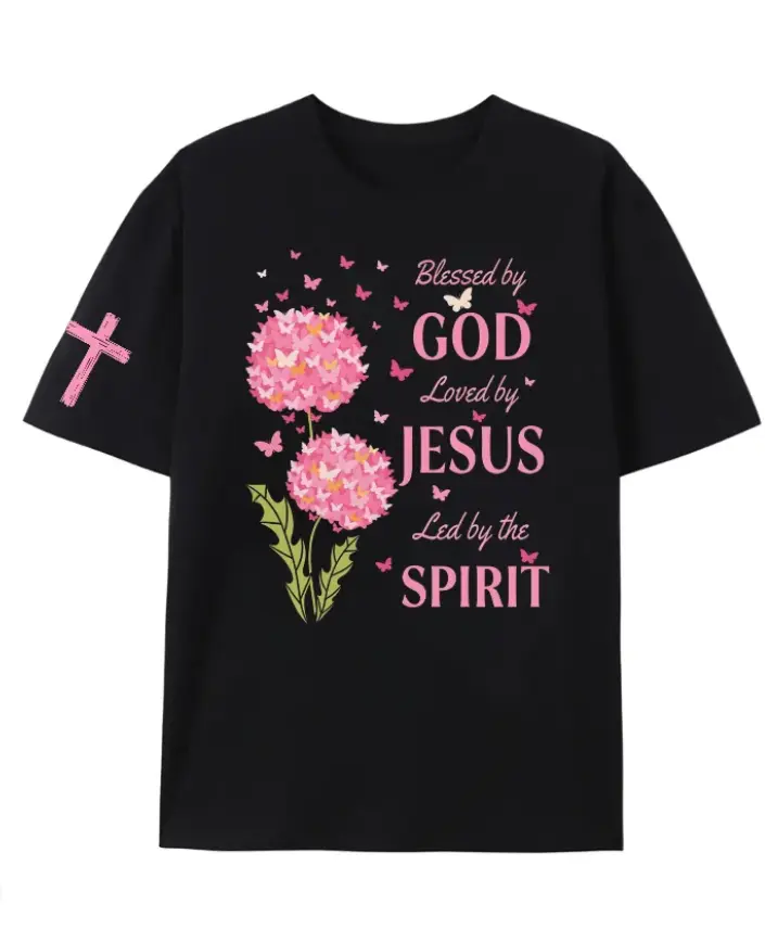 Black Crewneck Pure Cotton T-Shirt With Pink Hydrangea Butterfly & Religious Quote Front Print, Pink Cross Graphic On Left Sleeve, Soft Faith Inspirational Oversized Casual Top For Women