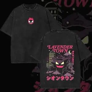 Unisex Retro 90s PKM Lavender Town Ghost Vintage Washed Graphic T-Shirt, Anime Double-Sided Oversized Heavyweight Cotton Streetwear Top, Manga Fan Merch Gift SW3
