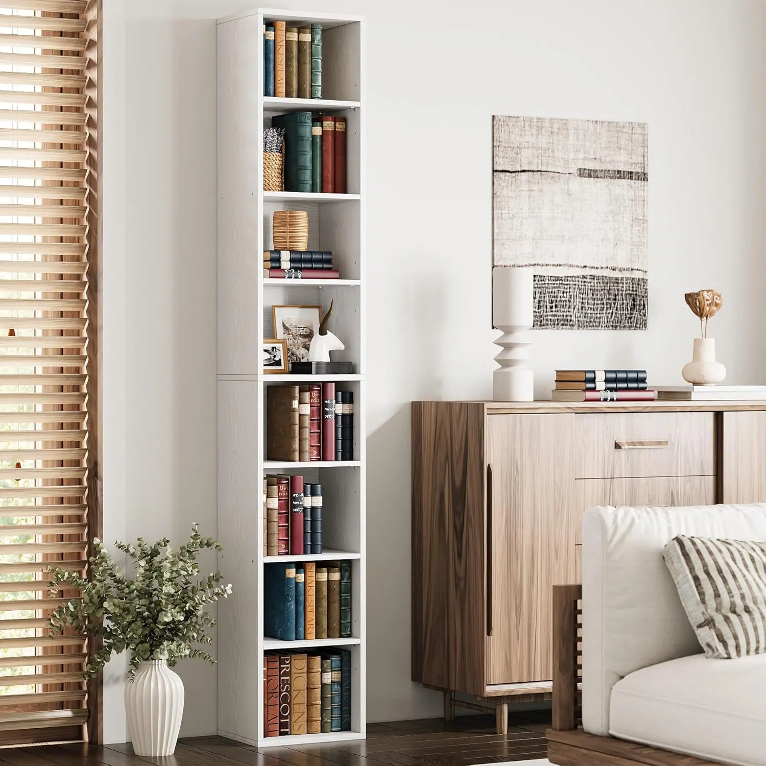IRONCK 8-Tier Tall Narrow Wooden Modern Corner Bookshelf Book Rack - Compact Indoor Furniture Shelves for Room Storage, Living Room, Office Organization