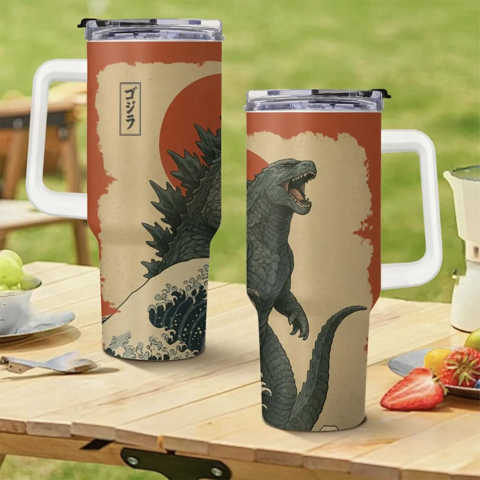 Godzilla 40oz 30oz 20oz Tumbler with Handle Straw, Kaiju Tumbler Vintage Japanese Giant Monster Great Wave Tumbler, Custom Name Tumbler Gift