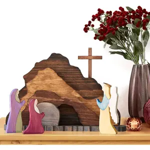 Easter Scene Wooden Decoration, Easter Religious Jesus Nativity Scene Decoration, Manger Creche Nativity Scene Montessori Inspired Wedding, Spring Christian Home Figurine Ornament Cross Easter Craft