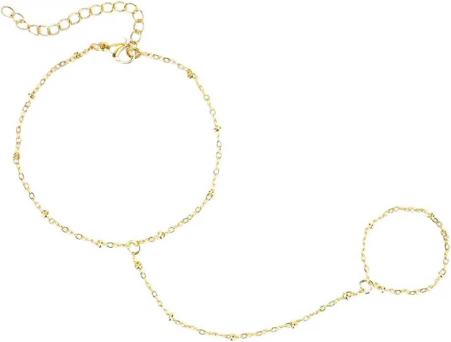 Gold Stainless Steel Hand Chain Bracelet with Rhinestone Finger Ring for Girls and Women