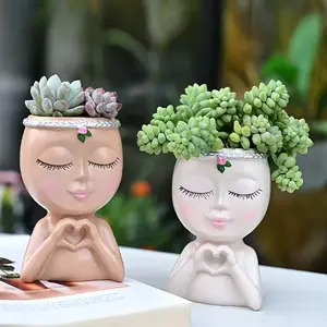 Abstract Girl Face Resin Flower Pot Statue, Heart Hand Leaf Crown Design, Succulent Plant & Floral Home Office Gardening Decor Gift