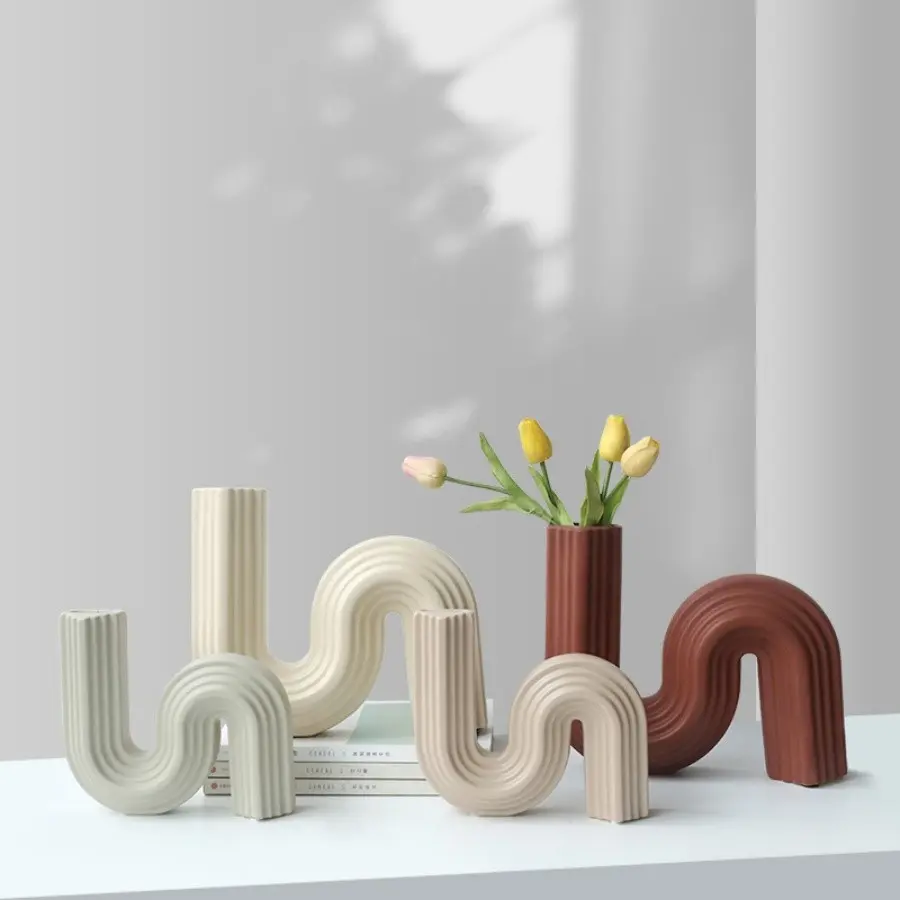 Minimalist Morandi Abstract S-Shape Geometric Ceramic Vase, Creative Floral Arrangement Holder, Modern Home Decor Ornament, Home Decor Sculptures