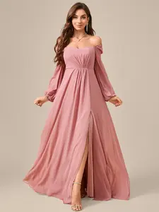 Fashionable Women's Long Sleeve Chiffon Pleated Dress, High Slit Maxi Formal Evening Gown for Bridesmaids, Elegant Party Wear