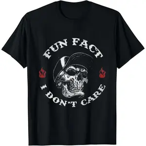 FUN FACT I DON'T CARE Skull Print Black Cotton T-Shirt Soft Crew Neck Shortsleeve Casual Graphic Tee for Men Comfortable Versatile Everyday Wear