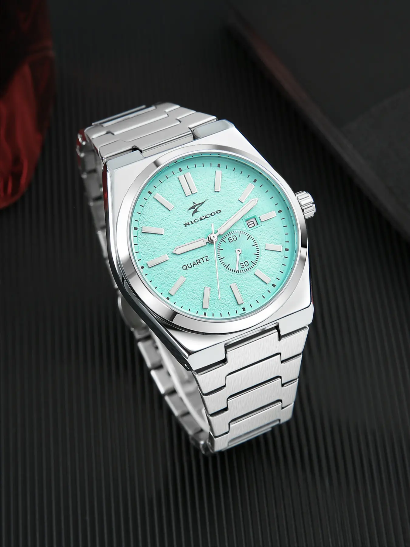 RICECGO 1pc men's watch, Business fashion watch, Quartz Analog Wristwatch, is suitable for formal and casual occasions. It displays the date, made of durable stainless steel, comes with a case, Stainless Steel Wristwatch, Quartz Analog Timepiece
