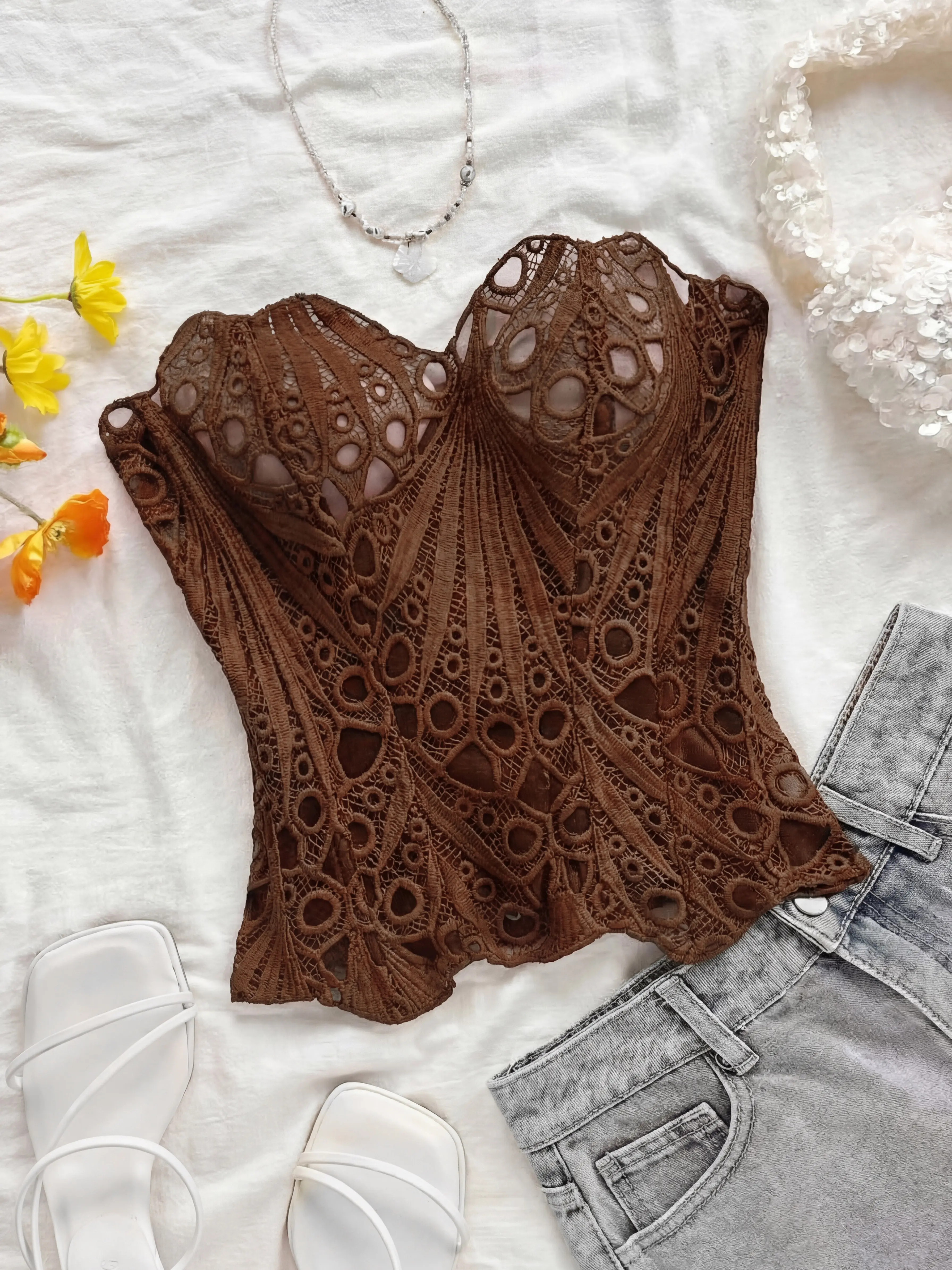 Lace Up Bustier Top for Women, Strapless Chic Polyester Corset with Embroidered Detail and Sweetheart Neckline, Sleeveless, Sexy, Adjustable