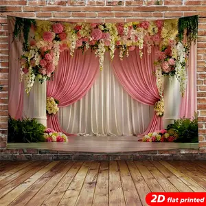 Wedding Floral Arch Tapestry Wall Hanging - Pink Cream Curtain Flower 2D Flat Printed Photo Backdrop, Home Room Decor, Bridal Shower Studio Prop Gift