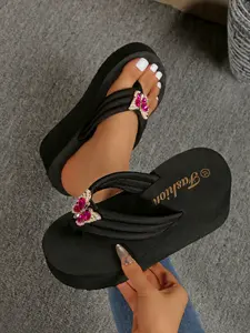 Women's Fashion Butterfly Rhinestone Sandals, Elegant Thick Sole Toe-Open Slippers, Stylish Summer Footwear for Ladies, Thick Soled Sandals