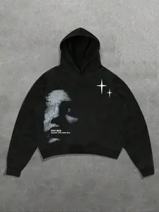 Unisex Y2K Style Face Portrait & Star Letter Print Hoodie, Casual Streetwear, Gothic Culture, Unisex Gift, Couple