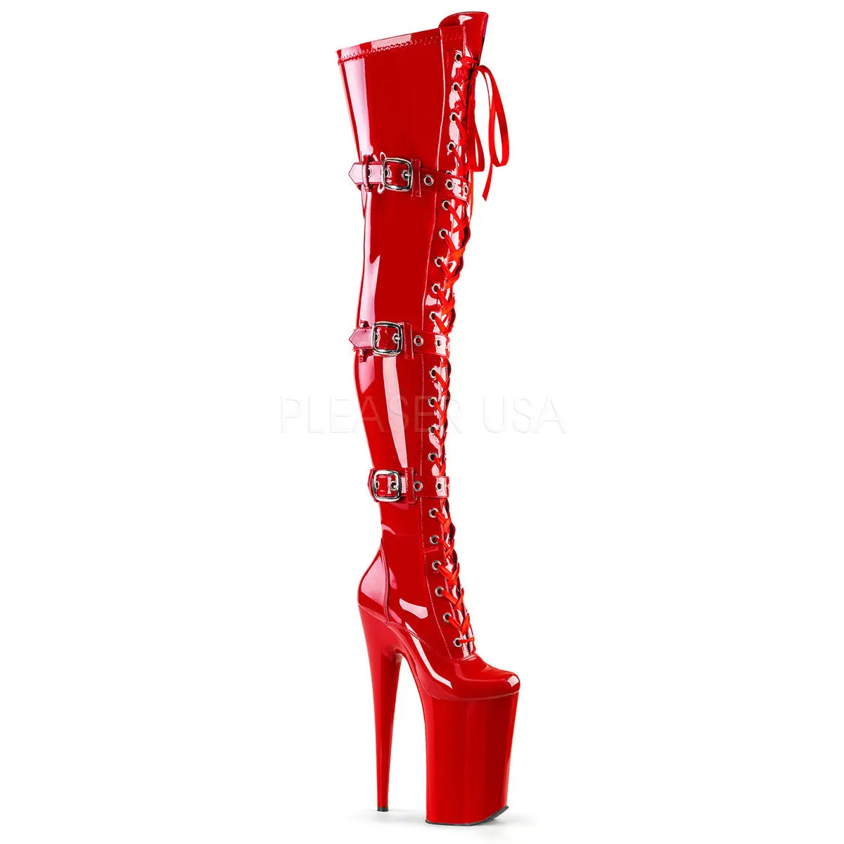 Women's Red Stretch Patent Thigh-High Boots with 10-Inch Platform High Heels, Lace-Up Front, Triple Buckles & Side Zip, Platform Heel