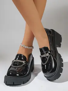 Women's Loafers Metal Chain Thick Sole Platform Shoes, British Style Jk Uniform Comfortable Casual Daily Wear