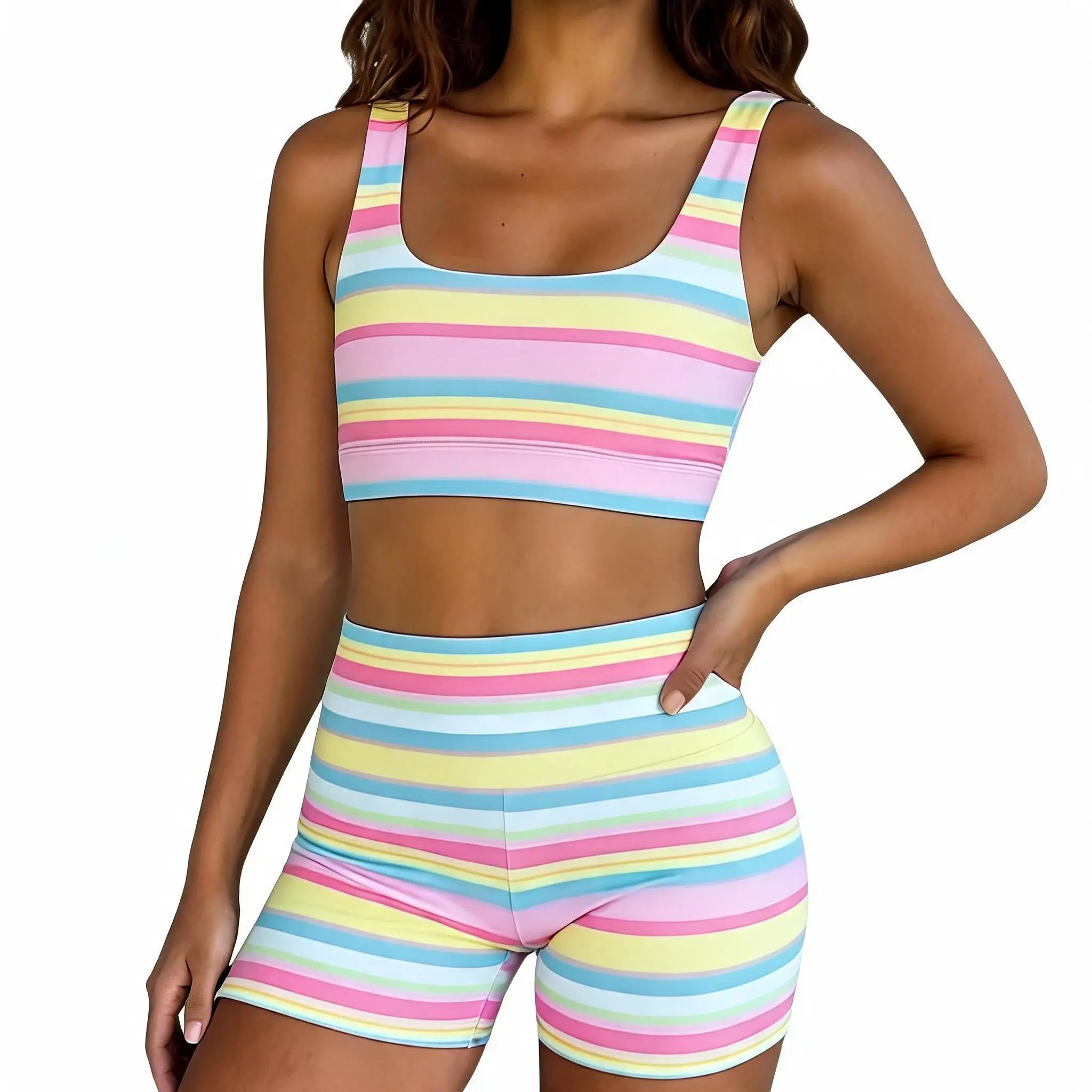 Women's Y2K Colorblock Striped 2 Piece Set Ultra Crop Top High Waisted Bodycon Shorts Going Out Summer Outfits