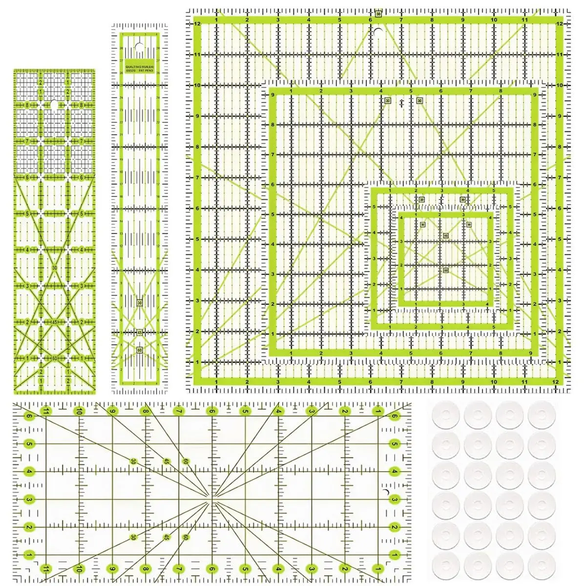 Quilting Rulers,7  Ruler Quilting Templates(4.5"X4.5", 6"X6", 9.5"X9.5", 12.5"X12.5",6.5"x12",2"x12",3"x9"), Rulers Fabric  Ruler with Non-Slip Rings for Quilting and Sewing