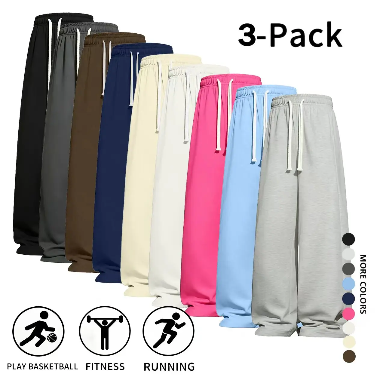 3-Pack Men’s Comfortable Straight-Leg Loungewear Pants, Elastic Drawstring Waist, Stretchable & Breathable, Loose-Fit Pants for Men
