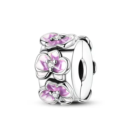 MULA Silver Plated Purple Orchid Flower Charm with Hand Painted Enamel & CZ, Cottagecore Floral Stopper Clip Bead, Fits Most Bracelets & Necklaces, Gift for Her