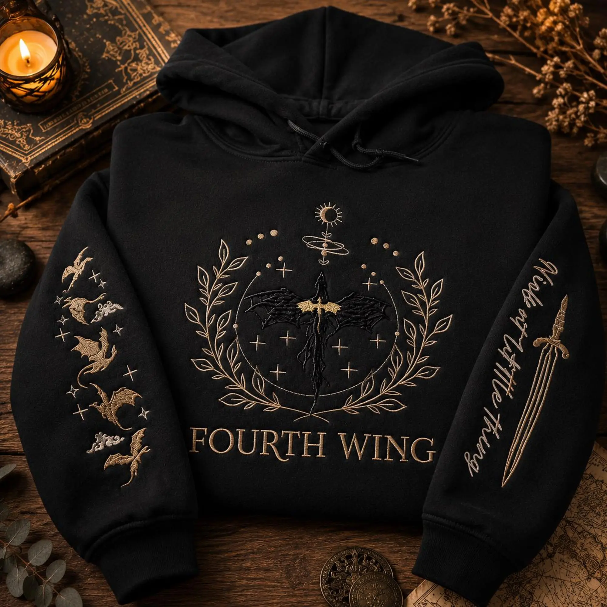 Embroidered Dragon Hoddie- Sweatshirt, Fourth Wing Embroidered Sweatshirt, Basgiath War College Hoodie, Dragon Rider Fantasy Reader Gift