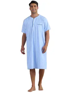 INSPIRE CHIC Striped Nightshirts for Men's Short Sleeve Button Down Sleep Shirts V-Neck Stripes Nightgown Light Blue