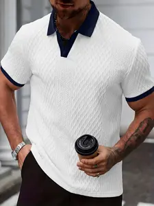 Men's Business Casual Colorblock V-Neck Muscle Slim Polo Shirt, Textured Short Sleeve, Stylish and Comfortable, Perfect for Office and Daily Wear