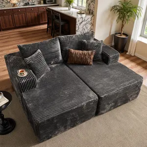 Double Chaise Lounge with Plush Corduroy Upholstery, Oversized Sectional Couch Sofa Bed, No Assembly Sleeper Loveseat for Living Room Audiovisual Room, Modern Fluffy Sofa Chair