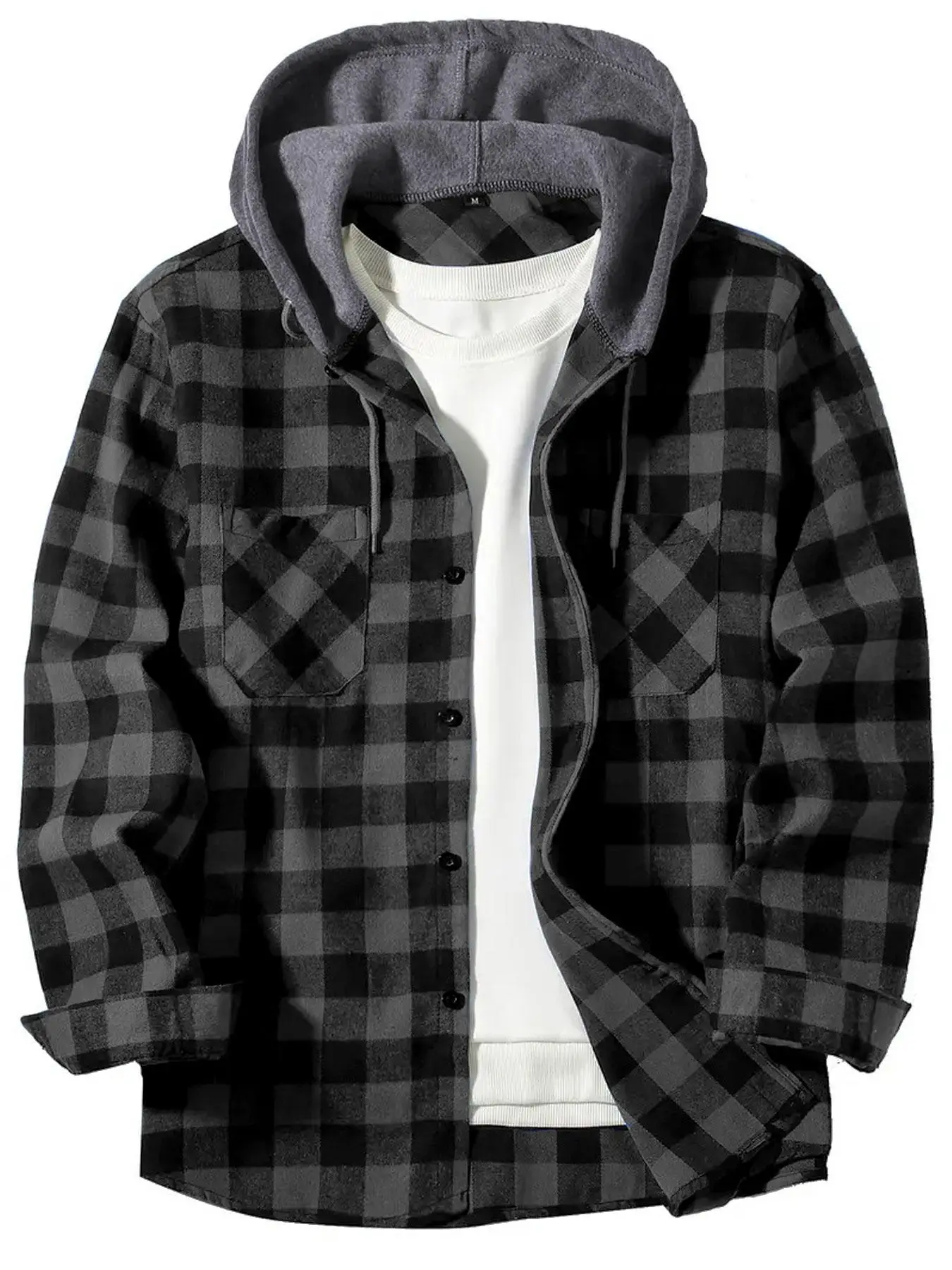 Men's Plaid Print Button Front Drawstring Hooded Shirt, Regular Fit Hoodie Sweater, Casual Long Sleeve Pocket Top for Daily Wear, Men's Clothes for A