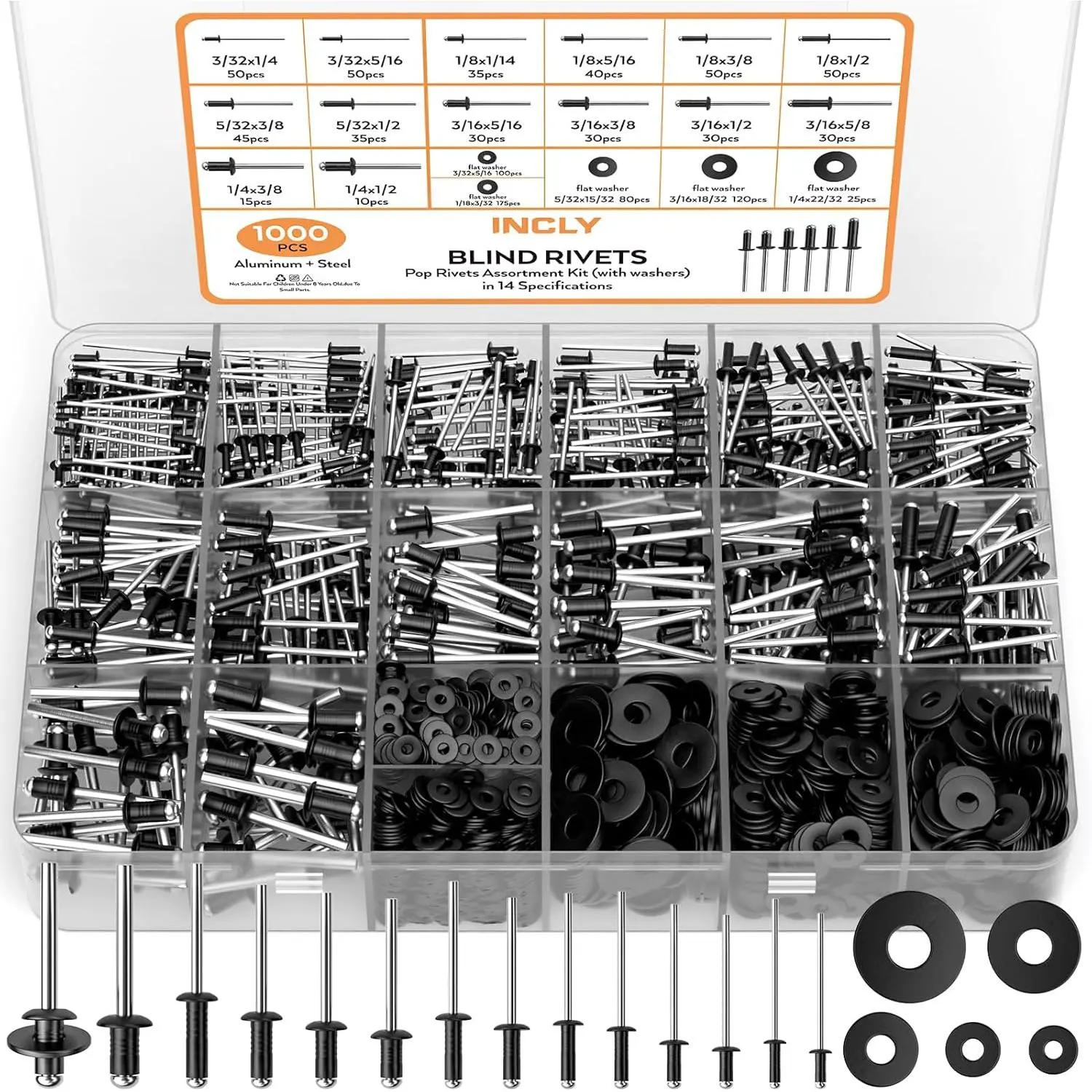 1000-Piece Rivet & Washer Set with Storage Box - 14 Sizes Black Rivets for Metal (3/32" 1/8" 5/32" 3/16" 1/4") & 5 Sizes 304 Stainless Steel Washers