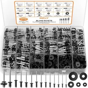 1000-Piece Set of Popular Rivets, 14 Sizes of Black Rivets Suitable for Metal 3/32" 1/8" 5/32" 3/16" 1/4" and 5 Sizes of 304 Stainless Steel Washers with Storage Box