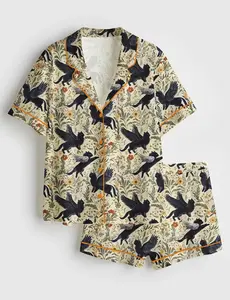 Women’s Mythical Black Cat Botanical Print Short Sleeve Silk Satin Pajama Set Soft Sleepwear