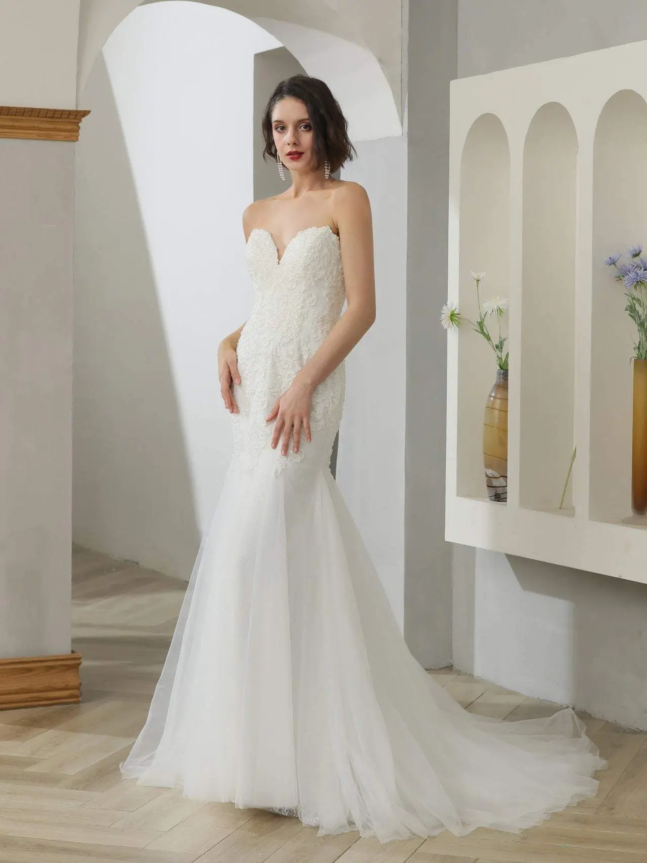 Women's Beaded Sequin Floral Lace Trumpet Wedding Gown, Strapless Design, Beaded Detail, Zipper Closure by Maggie
