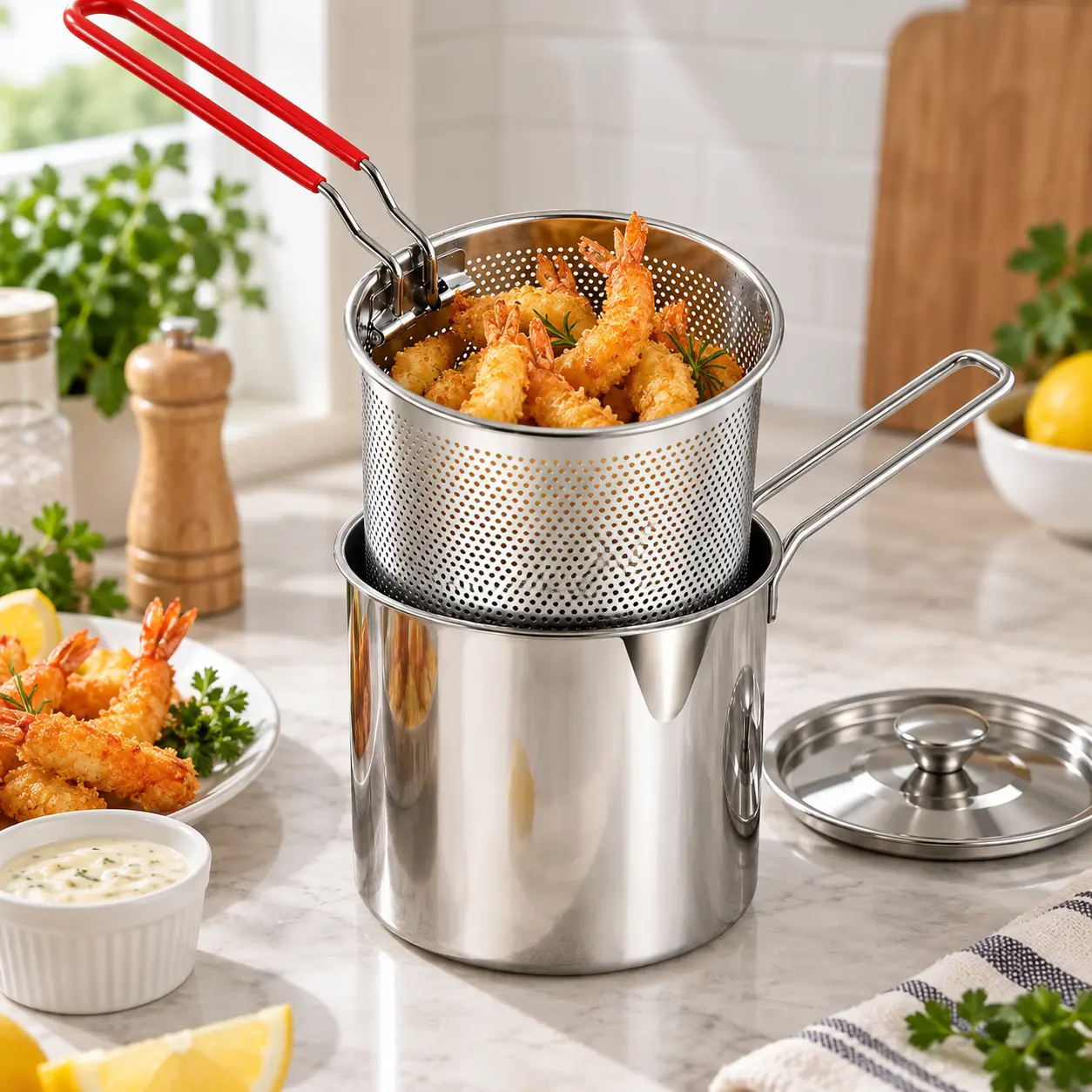Stainless Steel Deep Fryer Pot Set with Strainer Basket & Tongs, 5.12 x 4.72 Inch Stovetop Cookware for French Fries, Chicken Wings, Tempura, Home Cooking & More