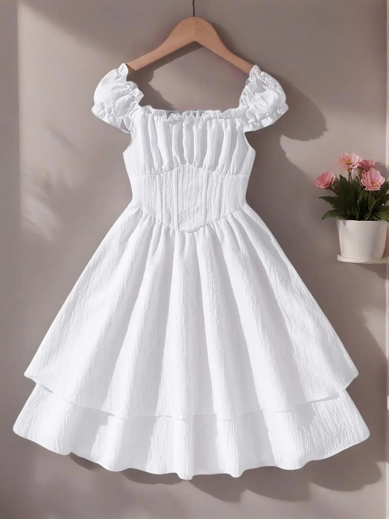 Girls' Lace Collar Pleated Detail Ruffle Trim Dress with Layered Hemline, Stylish Elegant Design for Daily Wear, Outings, Parties, Vacations, Pleated Dresses, Dresses For Summer