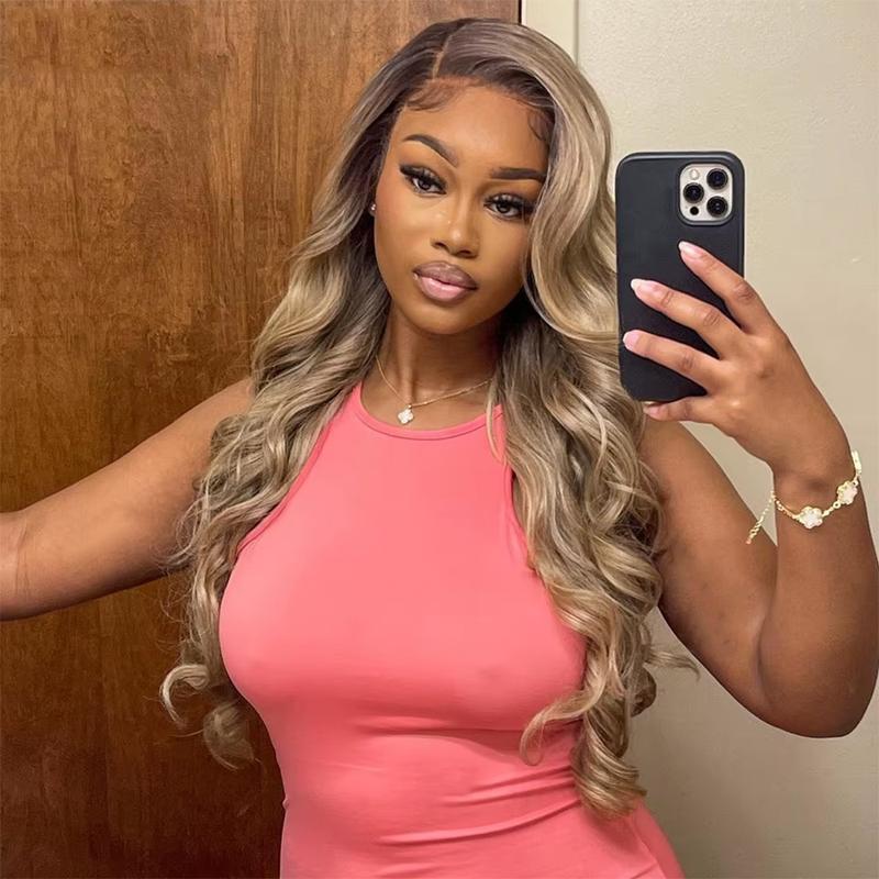 Ombre Brown Roots Ash Blonde Wigs Human Hair 180% Density 13x6 Body Wave HD Thin Lace Front Wig for Women Glueless Ombre Blonde Colored Lace Front Wigs