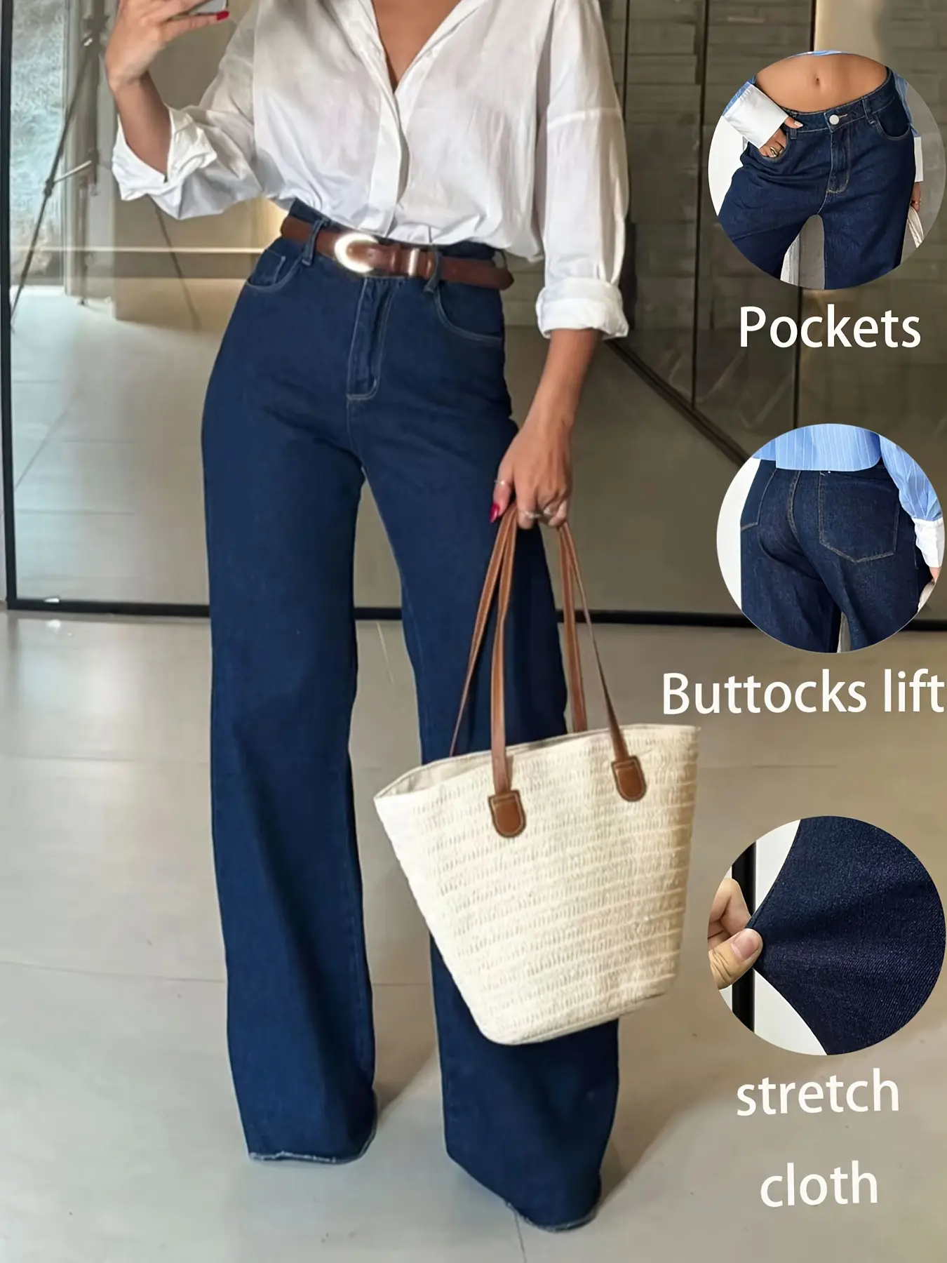 Women's High-Waisted Wide-Leg Jeans, Deep Blue Washed Stretch Denim, Elastic Denim Pants, Pockets, Butt Lifting, Hemmed, Loose Fit, Casual Office Wear, Pants, Bottom, Casual Design Jeans