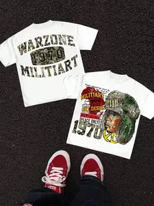 Men's Loose Fit Fashion Print Round Neck T-Shirt, Camouflage Soldier Pattern, Casual Daily Wear, Unisex, Youth College Street Style