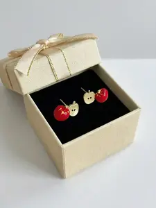 Sweet Apple Oil-Drop Earrings, Versatile Unique Ear Jewelry, Asymmetric Alloy Gift Box Set, Stylish and Trendy Accessories