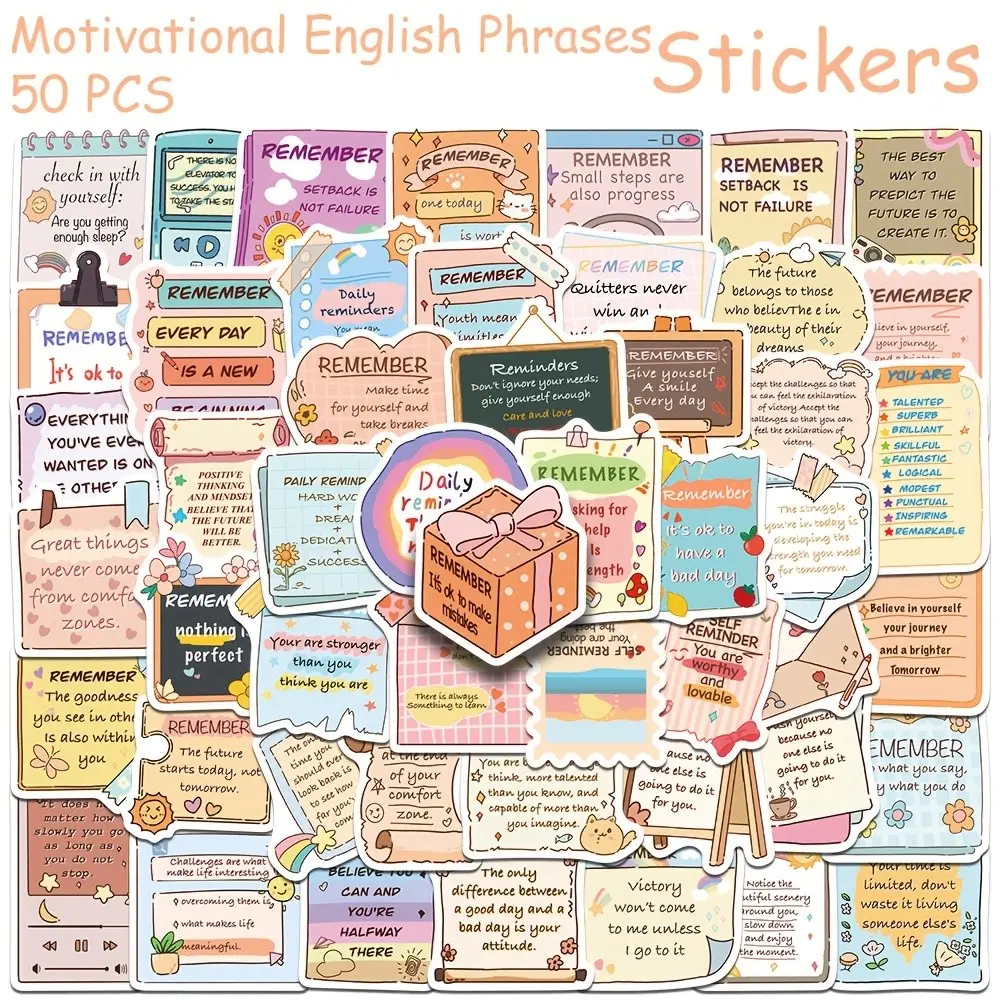 50 SCXXBSW inspirational English phrase stickers, suitable for mobile phones, Smartphone, laptops and scrapbooks-PVC positive declaration stickers, special-shaped design (self-confidence, happiness and other themes), for all kinds of English books