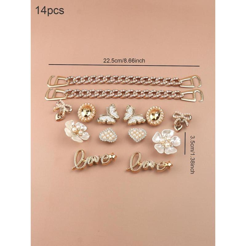 14pcs Fashionable Rhinestone & Letter Decorated Shoes Decorations, Chain & Bowknot Design Shoes Charm Rhinestone Shoes Charms For Vented Clogs Decoration