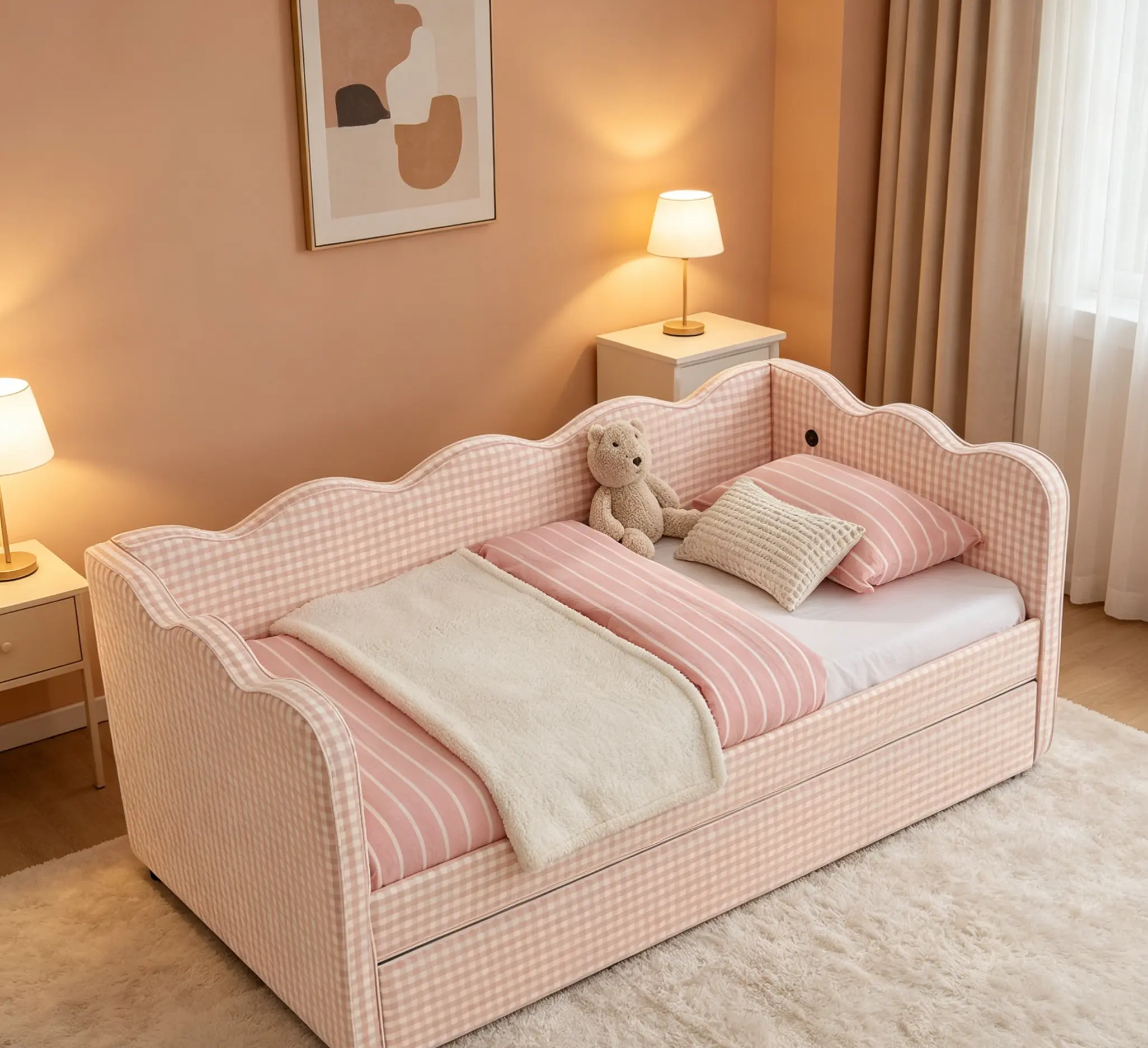Linen Fabric Gingham Print Modern Daybed with Twin-Size Trundle Sofa Bed, No Box Spring Required, Built-In USB Port, Wave Shape Design, Easy Setup Indoor Bed Frame Furniture