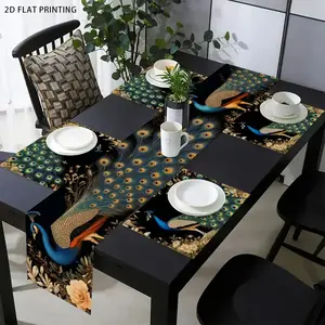 2D flat printing, 1 piece/4 pieces/6 pieces/5 pieces set/7 pieces set, peacock flower pattern table flag+placemat set, suitable for holiday celebrations, family gathering table accessories, indoor and outdoor kitchen decoration, daily table decoration