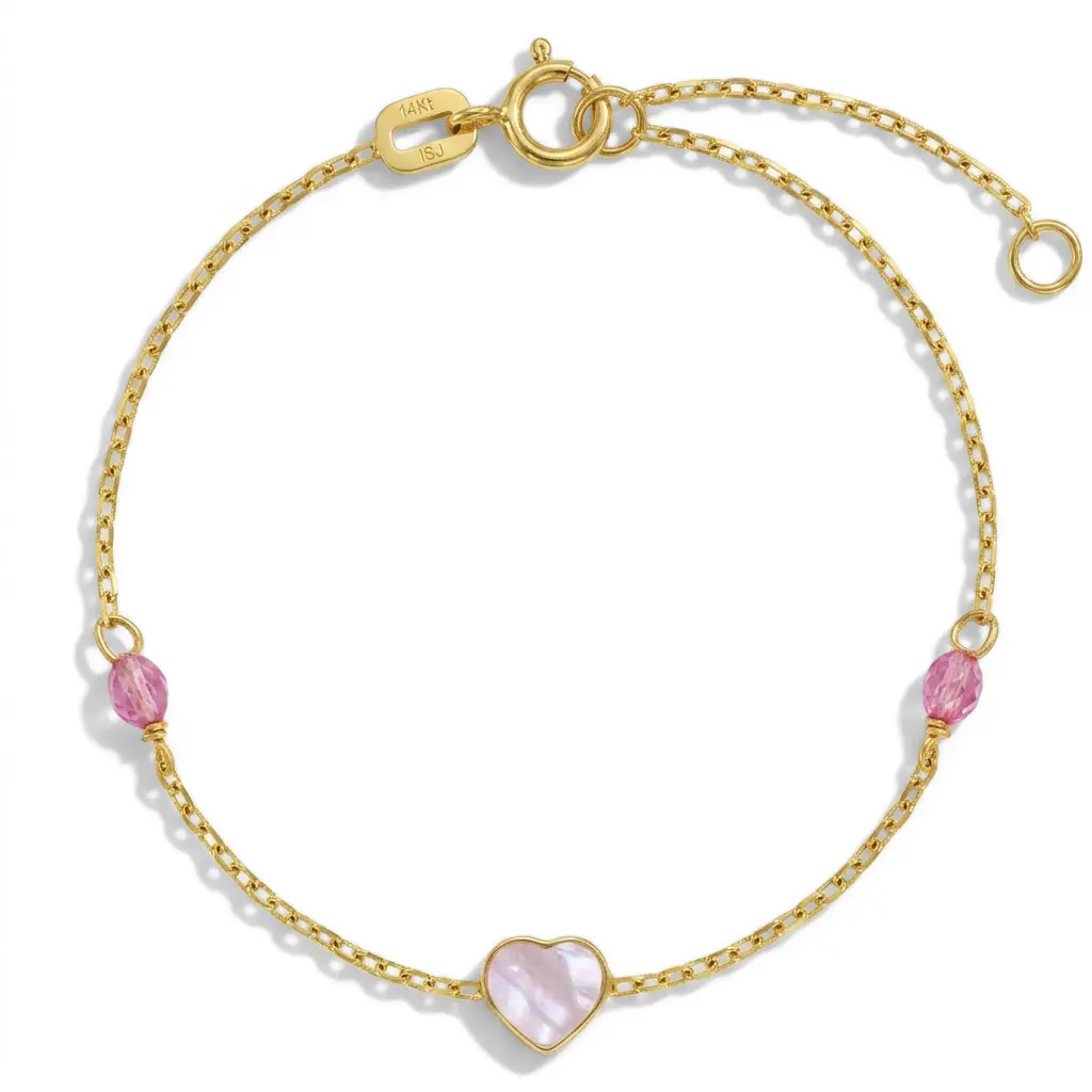 IN SEASON JEWELRY 14 Karat Heart Shaped Mother of Pearl Adjustable Bracelet - 5.5in Kids Toddler Baby Costume Jewelry Accessory, Heart Shaped Bracelet