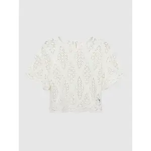 URBAN REVIVO 2026 Summer Women's Fitted Cotton Hollow Crochet Tie Long-Sleeve Blouse Top, Casual Vacation Wear with Breathable Fabric