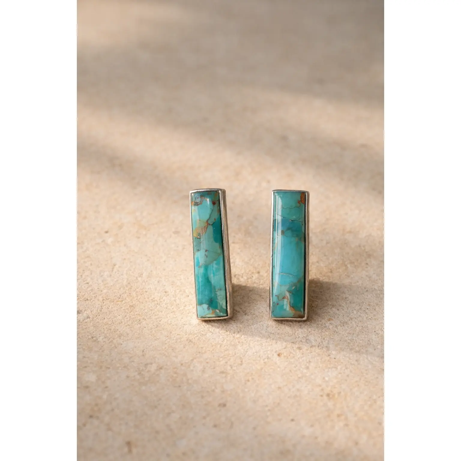 925 Sterling Silver Handcrafted Bar Earrings with Genuine Kingman Turquoise Natural Matrix Veins, 0.25" Width Post Back Artisan Craftsmanship Casual Jewelry for Adults, Choking Hazard Small Parts Note, One Size