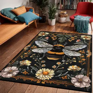 Vintage Bee & Flower Pattern Floor Mat, 1 Count Non-slip Soft Floor Carpet, Decorative Area Rug for Home Living Room Bedroom Hotel, Halloween, Floral Area Rug, Flower Pattern Rugs